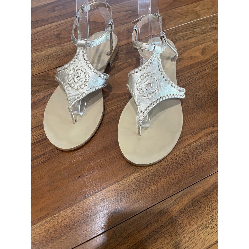 Jack Rogers Gold Metallic Whipstitch T-Strap Flat Sandals Women 8.5M